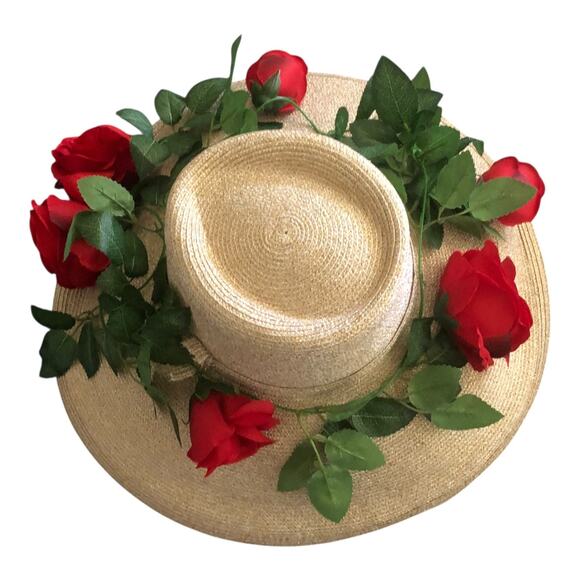 Fine Millinery Collection By August Accessories Wide Brim Red Roses Floral Hat - Picture 1 of 11